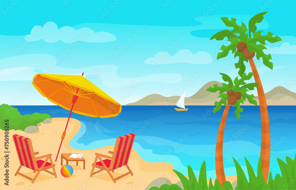 Beach landscape with umbrella. Tropical ocean rest, exotic panorama with palms, yacht and mountains. Seaside resting, neoteric vector vacation scene