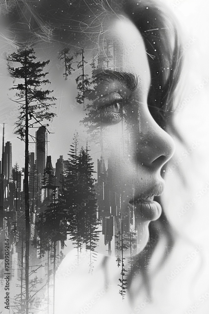 Fototapeta premium Timeless Surrealism: 1970s Woman Transcends Reality in Cityscape Double Exposure Fantasy