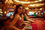 three gorgeous girls wearing fancy luxury dresses as dealers poker card at a casino party