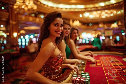 three gorgeous girls wearing fancy luxury dresses as dealers poker card at a casino party
