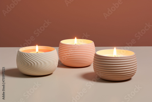 Three lit eco friendly and natural candles in neutral-toned holders, isolate, beige backdrop. A composition of warmth and minimalist elegance, suitable for relaxation themes.
