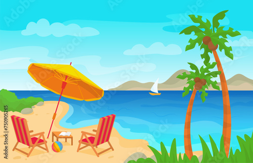 Beach landscape with umbrella. Tropical ocean rest  exotic panorama with palms  yacht and mountains. Seaside resting  neoteric vector vacation scene