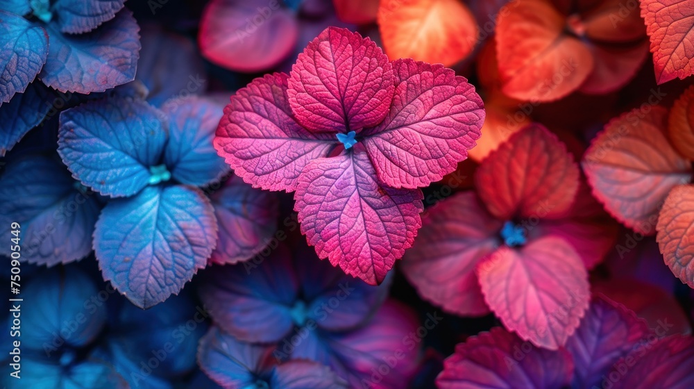 a close up of a bunch of flowers with red and purple flowers in the middle of the picture and a blue flower in the middle of the picture.