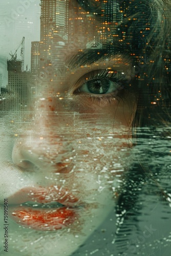 Dreamlike 1970s Surrealism: Woman Amidst Cityscape in Ethereal Double Exposure Photography