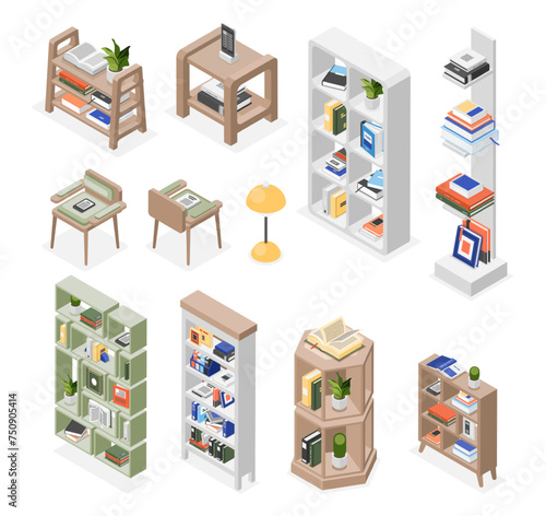 Isometric bookshelves. Library furniture, shelf and chairs. Book piles on shelves. School or university, bookstore equipment. Interior flawless vector elements