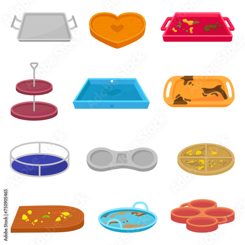 Empty food trays. Clean and dirty tray with stains leftover meal. Kitchen, cafeteria, school canteen or cafe bar equipment neoteric vector set