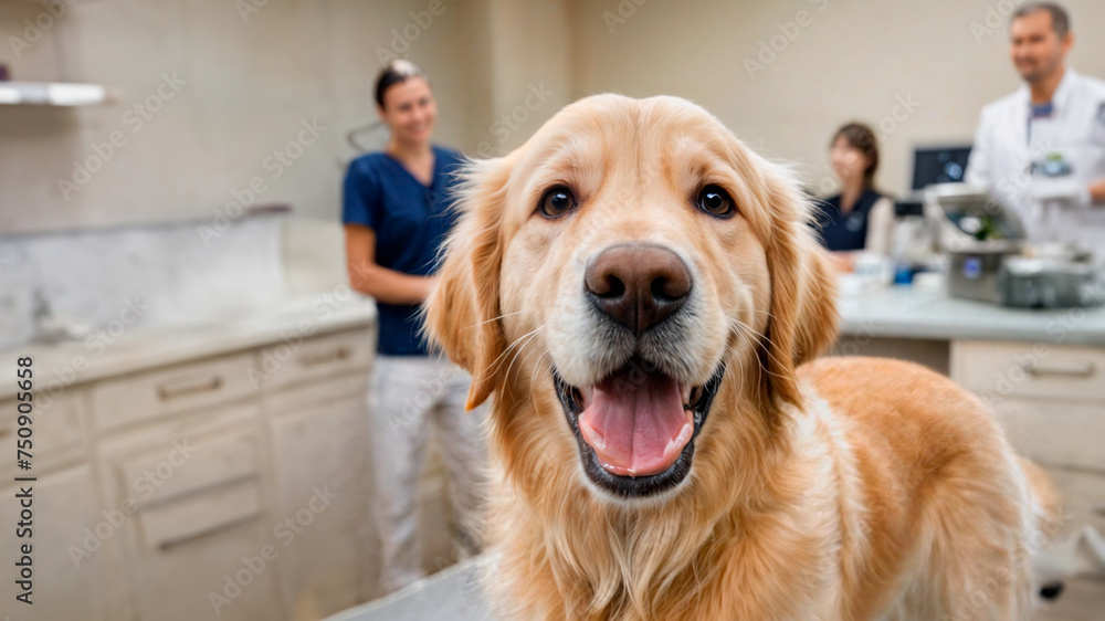 closeup of golden retriever puppy looking at camera, at the vet's office. Behind, out of focus, the veterinarian smiling. closeup of golden retriever puppy looking at camera, at the vet's office. Behind, out of focus, the veterinarian smiling.