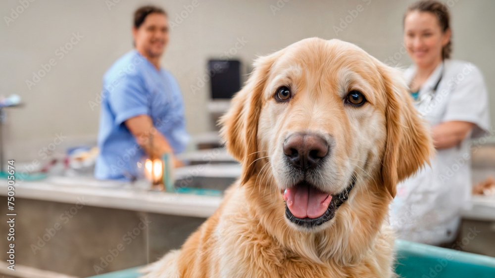 closeup of golden retriever puppy looking at camera, at the vet's office. Behind, out of focus, the veterinarian smiling. closeup of golden retriever puppy looking at camera, at the vet's office. Behind, out of focus, the veterinarian smiling.