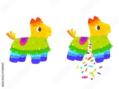 Broken pinata. Birthday party colorful equipment. Pinatas with confetti and candies in lama shape. Mexican toy corrugated paper, snugly vector element