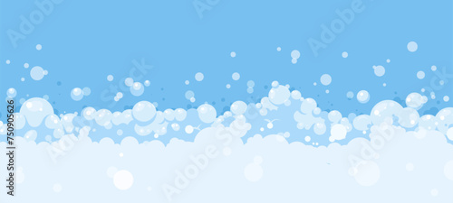 Soap bubbles cartoon background. Foam banner, suds bathroom effect. Bubble stream in air, clouds or fizzy. Flat abstract snugly vector concept photo