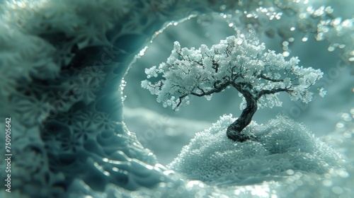 a bonsai tree sitting on top of a rock covered in lichen and bubbles in a pool of water.