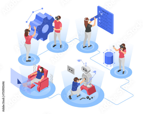 Isometric characters and virtual world. People wear vr glasses and gaming, resting, development. Technologies, digital progress flawless vector concept
