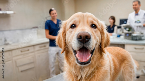 closeup of golden retriever puppy looking at camera, at the vet's office. Behind, out of focus, the veterinarian smiling.  © Gabriel