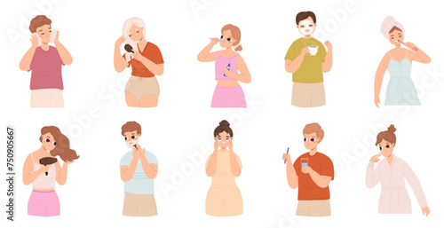 Adult routine in bathroom. People wash face, brush teeth, shave and comb. Girl dry hair and boy relaxing with coffee and skin mask. Hygiene snugly vector set