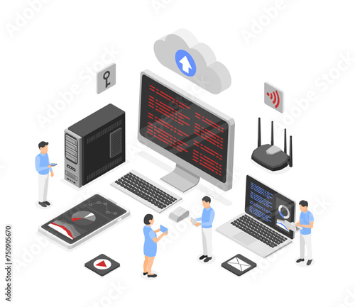 Isometric cloud technologies. Digital working process, tiny people and giant computers, monitors and smartphone. Data storage concept, flawless vector scene