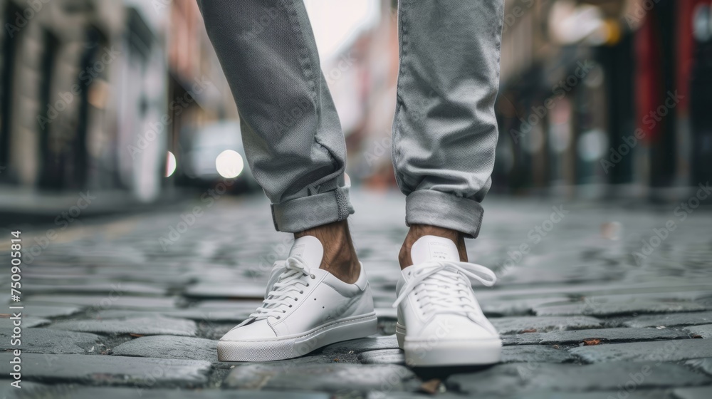 A close-up shot of a man wearing white sneakers with gray classic pants