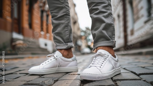 A close-up shot of a man wearing white sneakers with gray classic pants © Emil