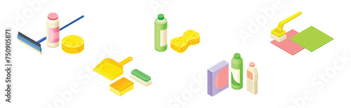 Household Cleaning Equipment and Object for Cleanup Isometric Vector Set