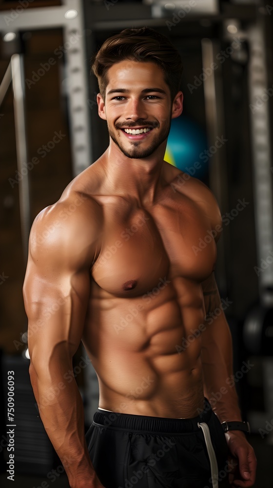 Fototapeta premium American Male Personal Trainer Smiling with Gym Background