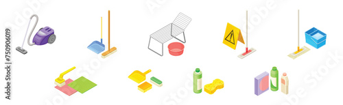 Household Cleaning Equipment and Object for Cleanup Isometric Vector Set