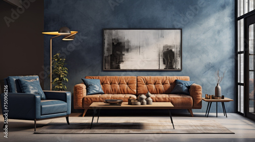 Wallpaper Mural A modern living room with customizable furniture, highlighted by a dark blue sofa and a wooden side table Torontodigital.ca