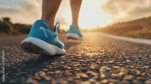 Runner feet running on road closeup on shoe. woman fitness sunrise jog workout welness concept. AI generated illustration