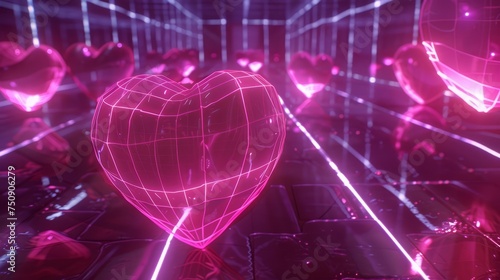 Geometry wireframe shapes and grids in neon pink color. 3D hearts, abstract backgrounds, patterns, cyberpunk elements in trendy psychedelic rave style. 00s Y2k retro futuristic aesthetic. © Emil