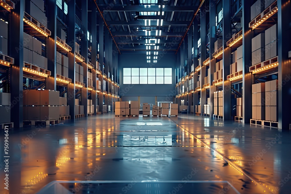 Background cardboard boxes inside warehouse. Logistics center. The composition filled with cardboard boxes. AI generated illustration - obrazy, fototapety, plakaty 