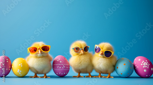 Yellow chicks donning sunglasses pose with Easter eggs against a cheerful blue background