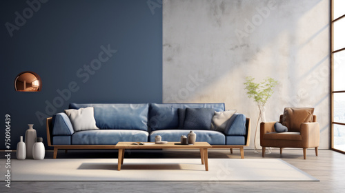 A modern living room with customizable furniture, highlighted by a dark blue sofa and a wooden side table