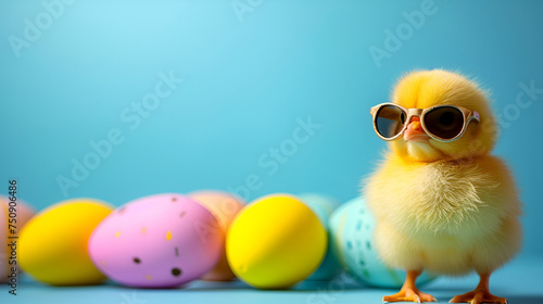 Little yellow chick in sunglasses with easter eggs on a blue background © Alina