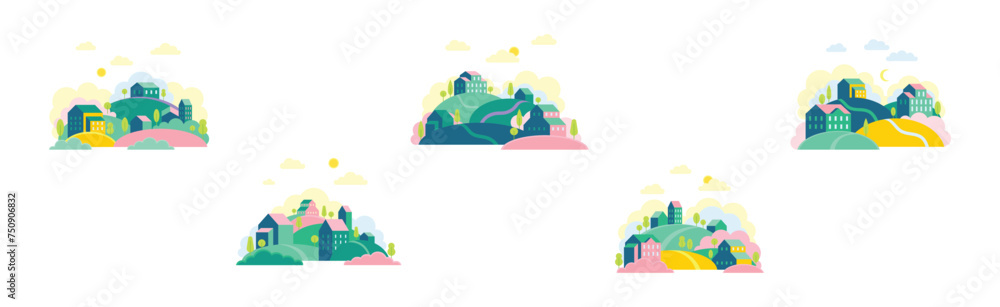 Small Town Scenes with House on Hills with Tree Vector Set Small Town Scenes with House on Hills with Tree Vector Set