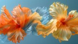 a couple of orange and blue flowers on a blue and white background and a blue and orange flower on a blue and white background.