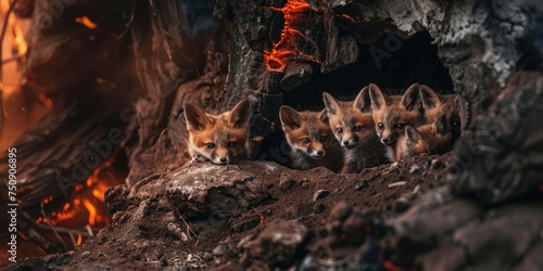 International Firefighters Day, a family of foxes peeping out of a hole against the background of a burning forest, forest fires, rescue of wild animals, destruction of forests, environmental disaster