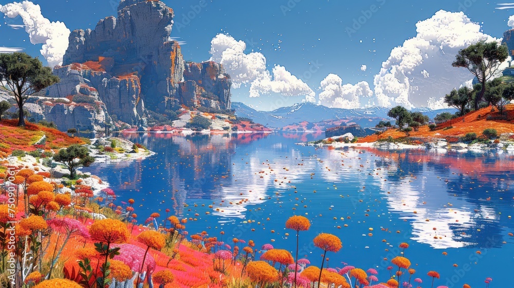 a painting of a lake surrounded by wildflowers with a mountain in the background and clouds in the sky.