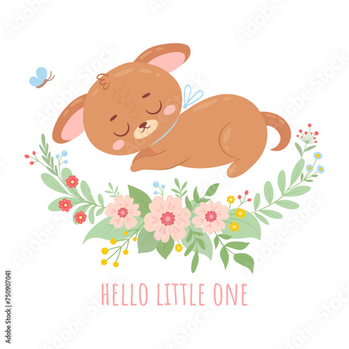 Cute sleeping puppy with a flowers and butterfly. Cartoon hand drawn character for invitation, poster, sticker, print and greeting card. Scandinavian vector illustration isolated on white background. 