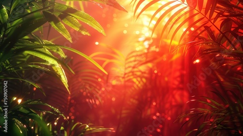 the sun shines through the leaves of a tropical plant in the foreground, while the sun shines through the leaves of a tropical plant in the background.