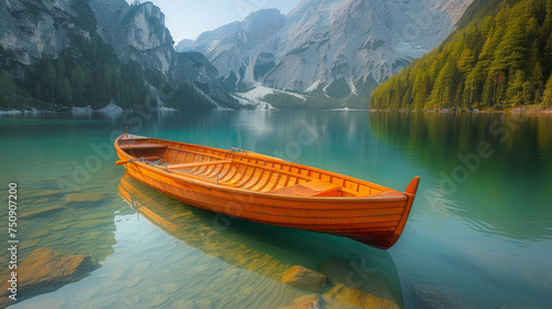 Beautiful view of traditional wooden rowing boat on scenic Lago di Braies in the Dolomites in scenic morning light at sunrise, South Tyrol, Italy.