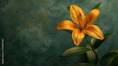 a painting of a yellow flower with green leaves on a dark green background with a yellow spot on the center of the flower.
