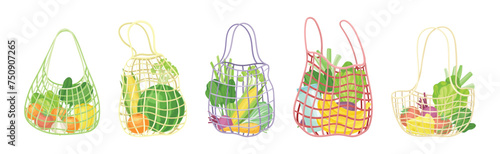 Shopping Mesh or Net Bag with Various Grocery Product Vector Set