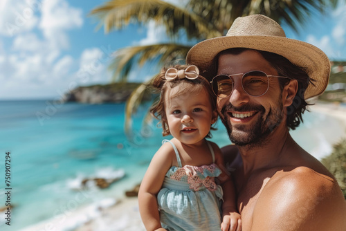 Father holds child in arms against background of tropical sea with palm trees