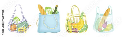 Shopping Mesh or Net Bag with Various Grocery Product Vector Set