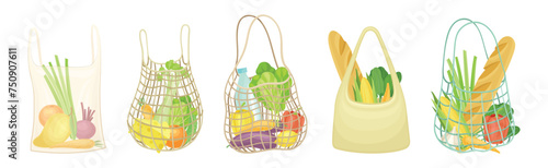 Shopping Mesh or Net Bag with Various Grocery Product Vector Set