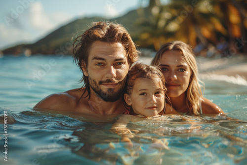 Caucasian family mom, dad and child swim on tropical sea against the background of palm trees © sofiko14