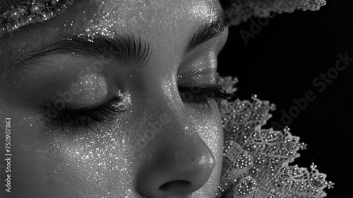 a black and white photo of a woman's face with her eyes closed and a veil over her head. photo