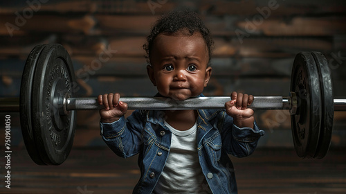  Bebê negro forte e engraçado levantando uma barra pesada sobre fundo escuro