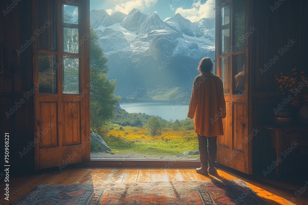 Women near open door to nature and autumn mountains. Relax, mood and vacation concept. - obrazy, fototapety, plakaty 