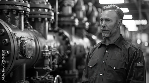 a black and white photo of a man standing in front of a steam engine in a room with lots of pipes. photo