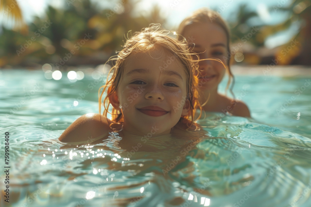 Caucasian mother holds a child in his arms while swim in tropical sea with palm trees Caucasian mother holds a child in his arms while swim in tropical sea with palm trees