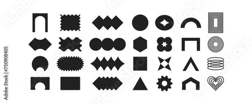 Set of geometric modern brutalist shapes.Abstract retro icons and symbols in y2k style. Modern minimalist elements swiss style, abstract bold primitive design. Y2K elements set.